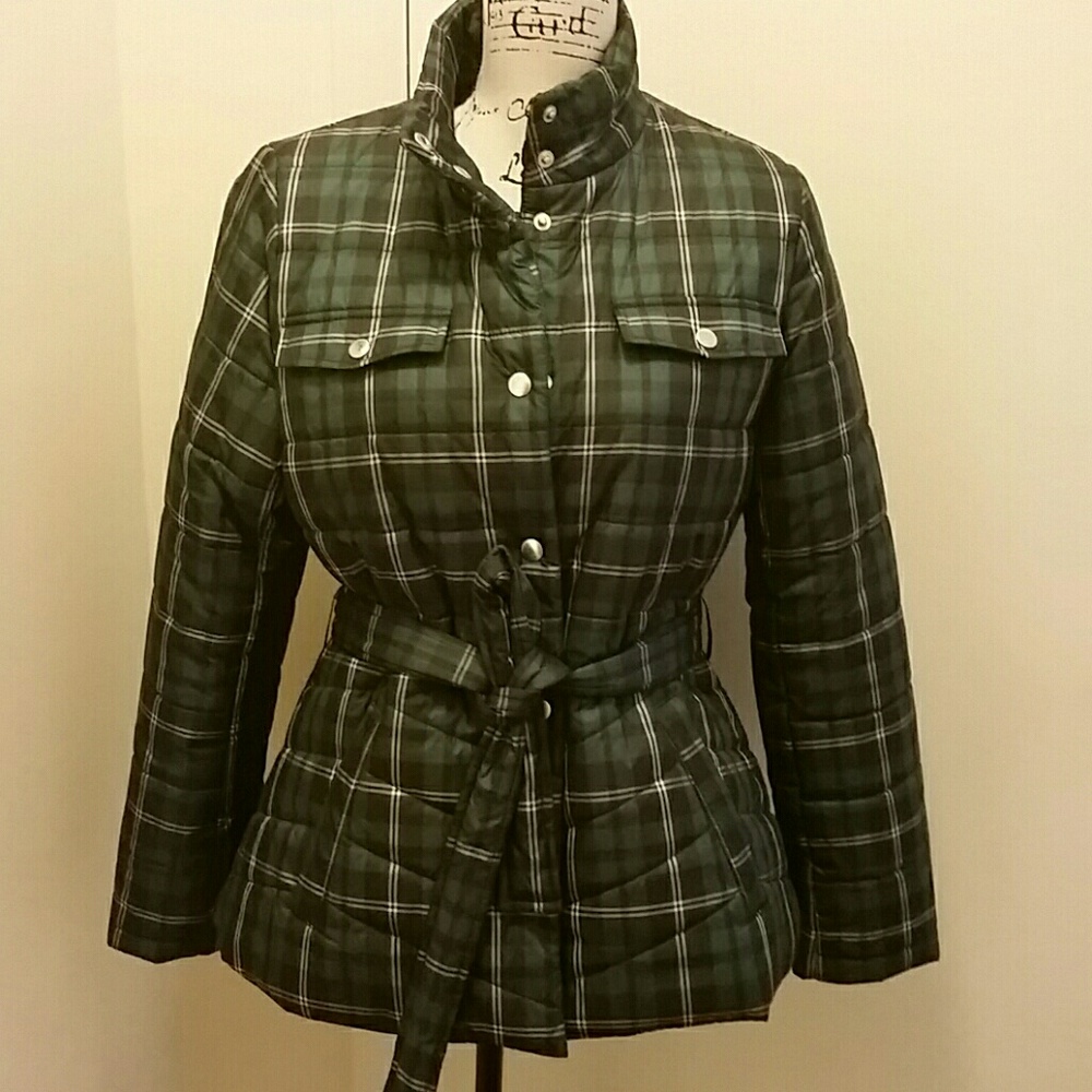 J.Crew Plaid belted puffer jacket